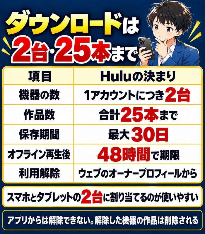 Huluのダウンロードの決まり。1アカウントにつき2台、合計25本まで、保存は最大30日、オフライン再生後48時間で期限、利用解除はウェブのオーナープロフィールから