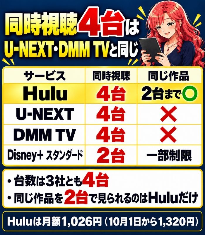 同時視聴の台数はHulu・U-NEXT・DMM TVが4台、Disney+スタンダードは2台。同じ作品を2台で見られるのはHuluだけ