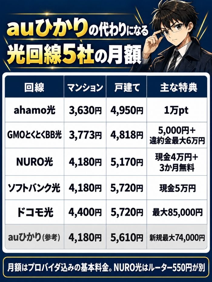 ahamo光3,630円・GMOとくとくBB光3,773円・NURO光4,180円・ソフトバンク光4,180円・ドコモ光4,400円(マンション)と戸建ての月額、主な特典。auひかりは参考