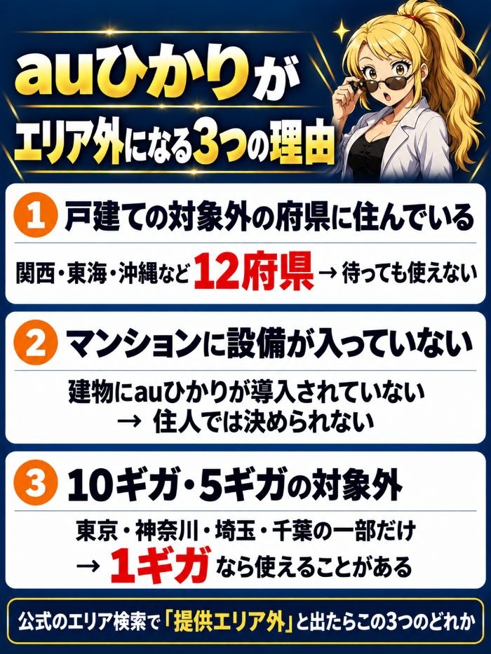 戸建ての対象外の府県(12府県)、マンションに設備が入っていない、10ギガ・5ギガの対象外(東京・神奈川・埼玉・千葉の一部だけ)