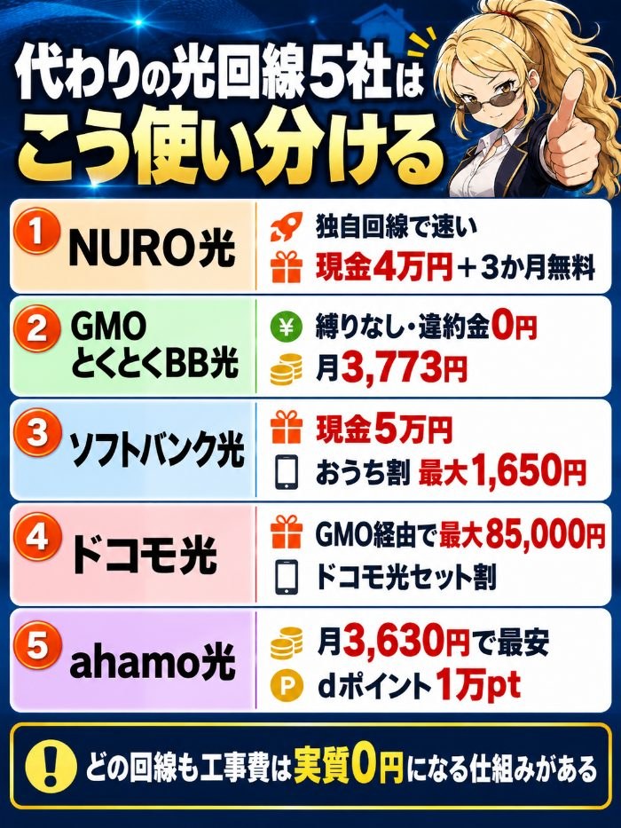 NURO光は独自回線で速い・現金4万円+3か月無料、GMOとくとくBB光は縛りなし・月3,773円、ソフトバンク光は現金5万円・おうち割、ドコモ光はGMO経由で最大85,000円、ahamo光は月3,630円で最安