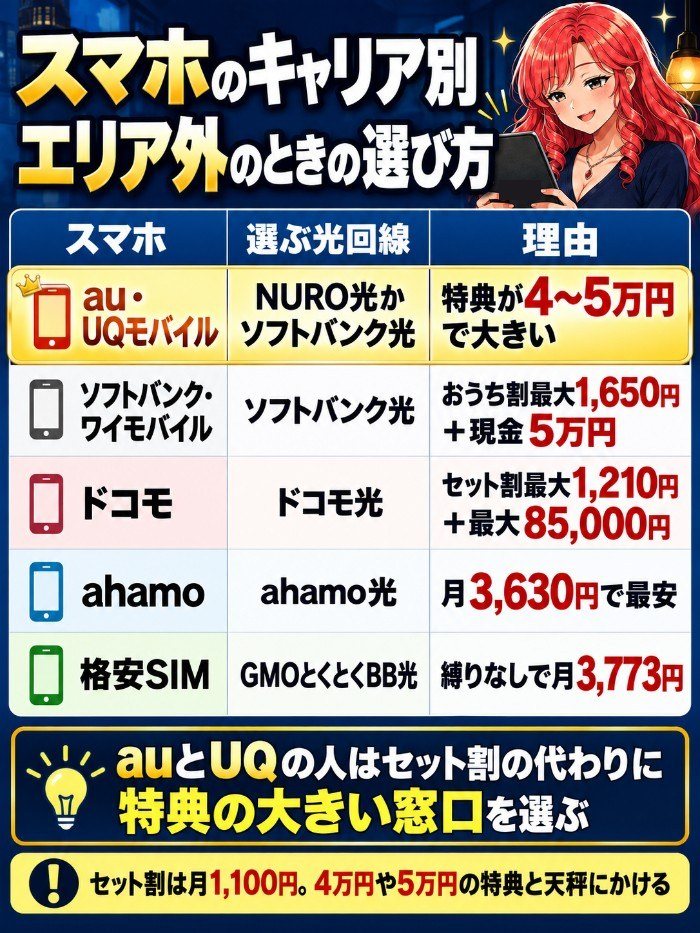 au・UQモバイルはNURO光かソフトバンク光、ソフトバンク・ワイモバイルはソフトバンク光、ドコモはドコモ光かahamo光と、スマホのキャリア別に光回線の選び方を示した図