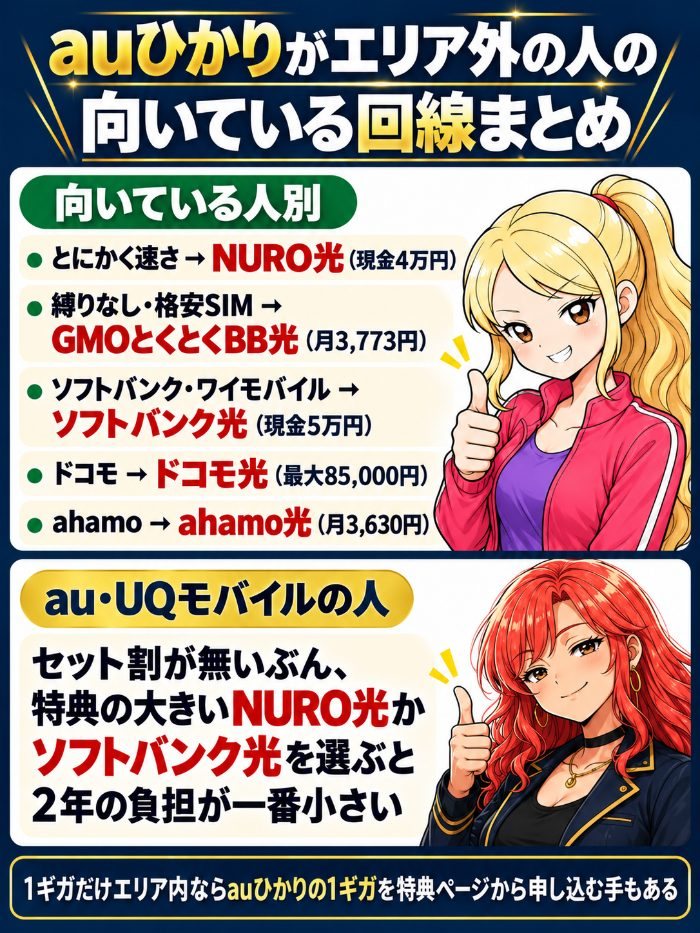速さならNURO光、縛りなし・格安SIMならGMOとくとくBB光、ソフトバンク・ワイモバイルならソフトバンク光と、向いている人を示した図