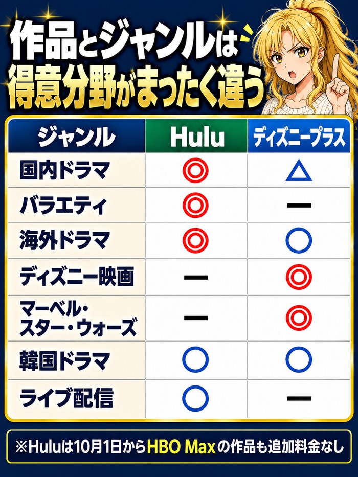Huluとディズニープラスの得意ジャンルの比較表。国内ドラマ・バラエティ・海外ドラマはHuluが◎、ディズニー映画とマーベル・スター・ウォーズはディズニープラスが◎、韓国ドラマはどちらも○、ライブ配信はHuluが○。Huluは10月1日からHBO Maxの作品も追加料金なし