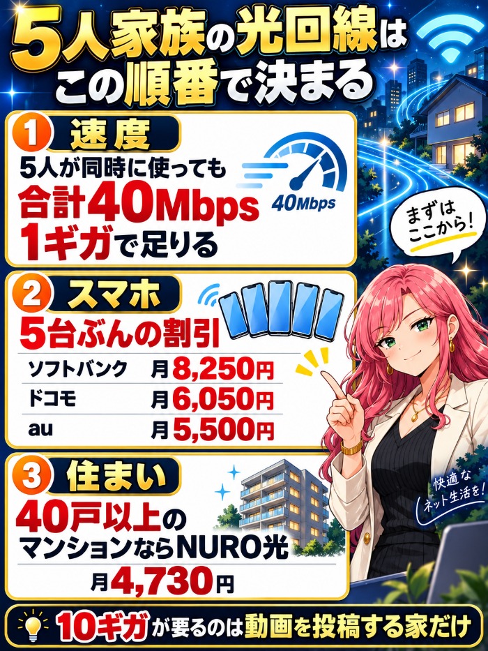 5人家族の光回線を速度・スマホ・住まいの3つで選ぶ手順を示した図