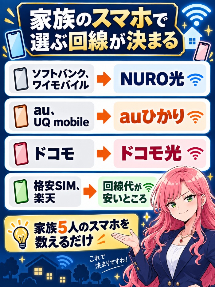 スマホの会社ごとに選ぶ光回線を並べた図