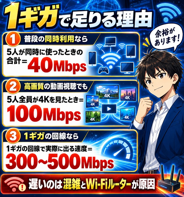 5人同時の合計40Mbpsと1ギガの実効速度を比べた図
