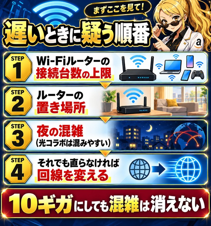 Wi-Fiルーターから回線まで4段階で原因を探す順番の図