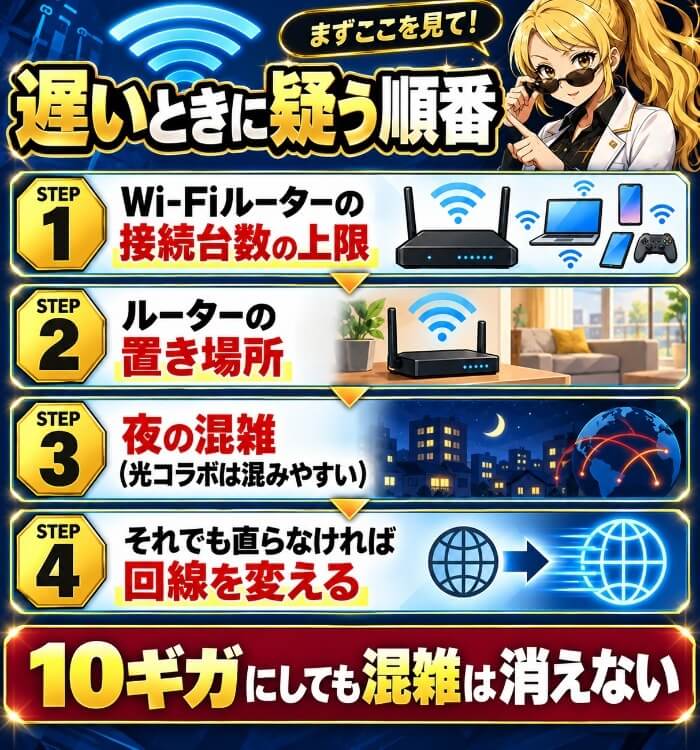 Wi-Fiルーターから回線まで4段階で原因を探す順番の図