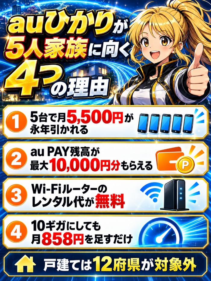 5台で月5,500円やau PAY還元などauひかりの強みをまとめた図