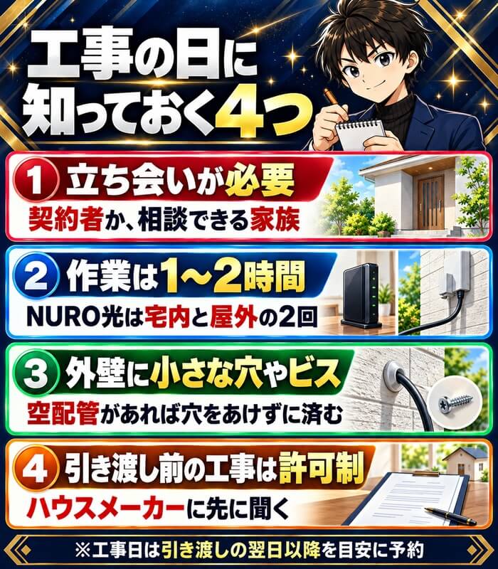 立ち会いが必要、作業は1〜2時間でNURO光は2回、外壁に小さな穴やビス、引き渡し前の工事は許可制
