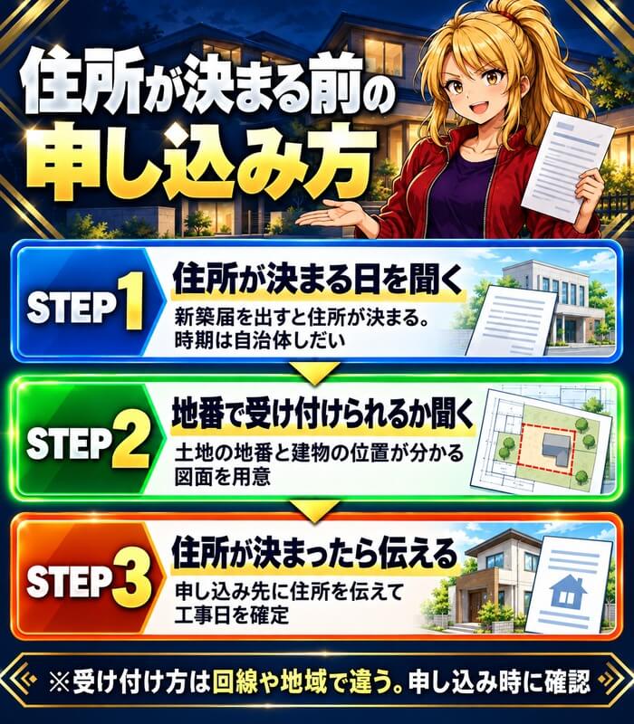 住所が決まる日を聞く、地番で受け付けられるか聞く、住所が決まったら伝える、の3ステップ