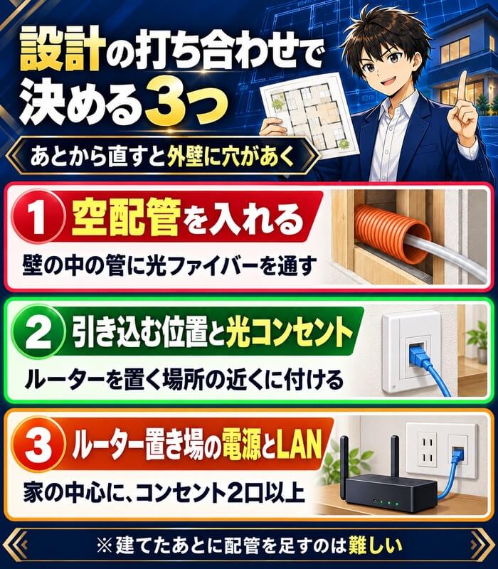 空配管を入れる、引き込む位置と光コンセント、ルーター置き場の電源とLANの3つ