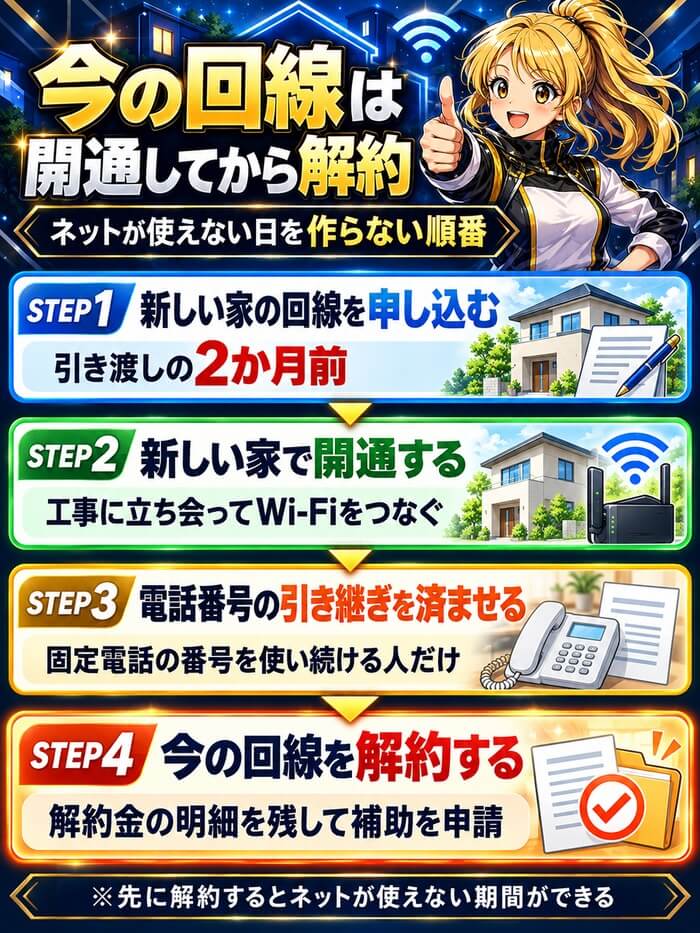 新しい家の回線を申し込み、開通し、電話番号を引き継いでから今の回線を解約する順番
