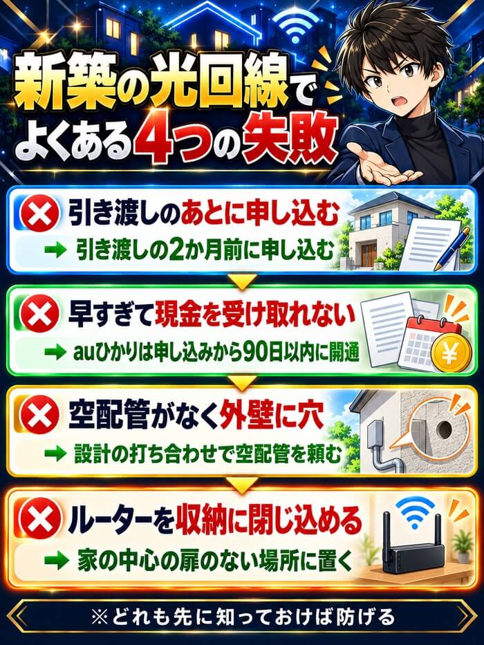 引き渡しのあとに申し込む、早すぎて現金を受け取れない、空配管がなく外壁に穴、ルーターを収納に閉じ込めるの4つと防ぎ方