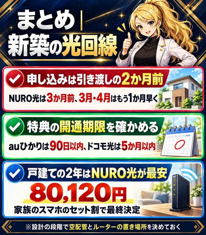 申し込みは引き渡しの2か月前、特典の開通期限を確かめる、戸建ての2年はNURO光が80,120円で最安