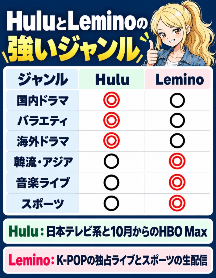 HuluとLeminoの強いジャンル。国内ドラマ・バラエティ・海外ドラマはHuluが◎、韓流・アジア・音楽ライブ・スポーツはLeminoが◎。Huluは日本テレビ系と10月からのHBO Max、LeminoはK-POPの独占ライブとスポーツの生配信