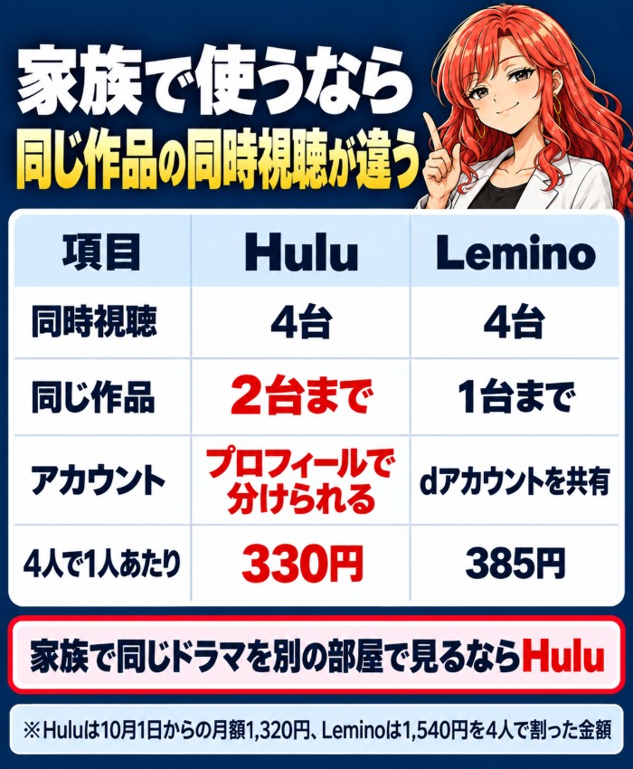 家族で使うなら同じ作品の同時視聴が違う。同時視聴はどちらも4台、同じ作品はHulu2台まで・Lemino1台まで、Huluはプロフィールで分けられ・Leminoはdアカウントを共有、4人で1人あたりHulu330円・Lemino385円