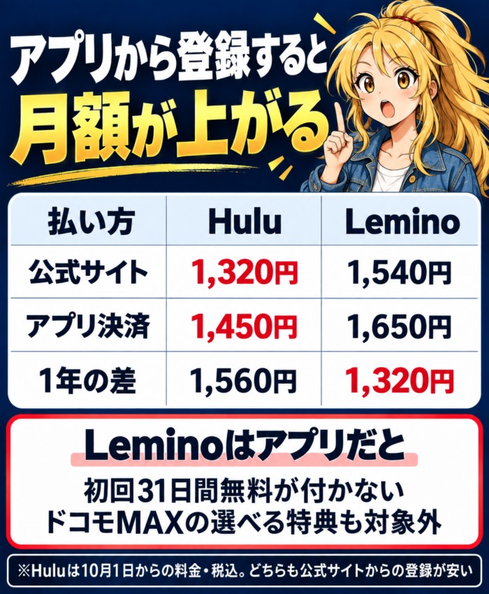公式サイトからはHulu1,320円・Lemino1,540円、アプリ決済ではHulu1,450円・Lemino1,650円。1年の差はHulu1,560円・Lemino1,320円。Leminoはアプリだと初回31日間無料もドコモMAXの選べる特典も対象外