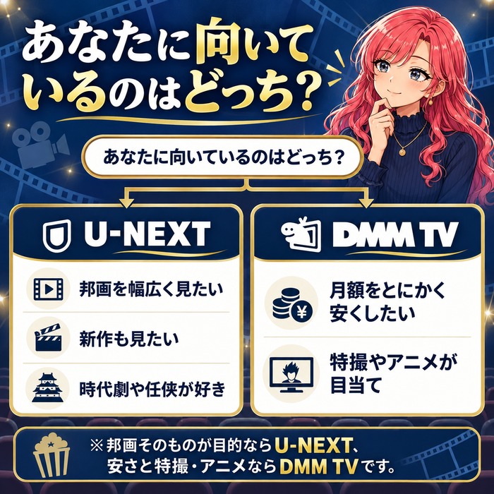 邦画を幅広く見たい人や新作も見たい人や時代劇と任侠が好きな人はU-NEXT、月額を安くしたい人や特撮とアニメが目当ての人はDMM TVという分かれ道の図解