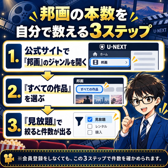 U-NEXT公式で邦画のジャンルを開き「すべての作品」を選んで「見放題」で絞ると件数が出る3ステップの図解