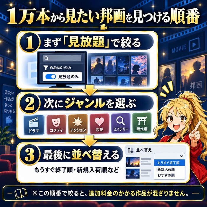 まず見放題で絞り次にジャンルを選び最後にもうすぐ終了順などで並べ替える3つの手順を示した図解