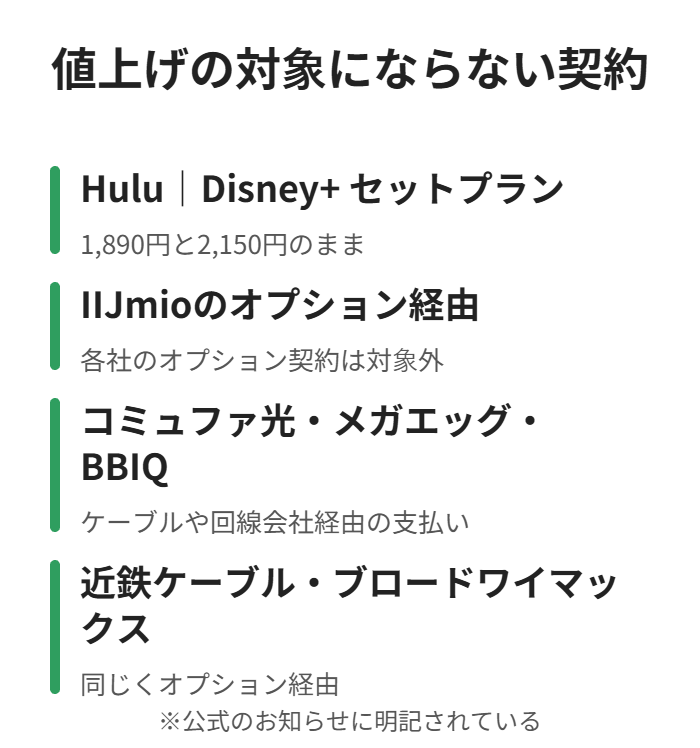 セットプランや回線会社のオプション経由は値上げの対象外