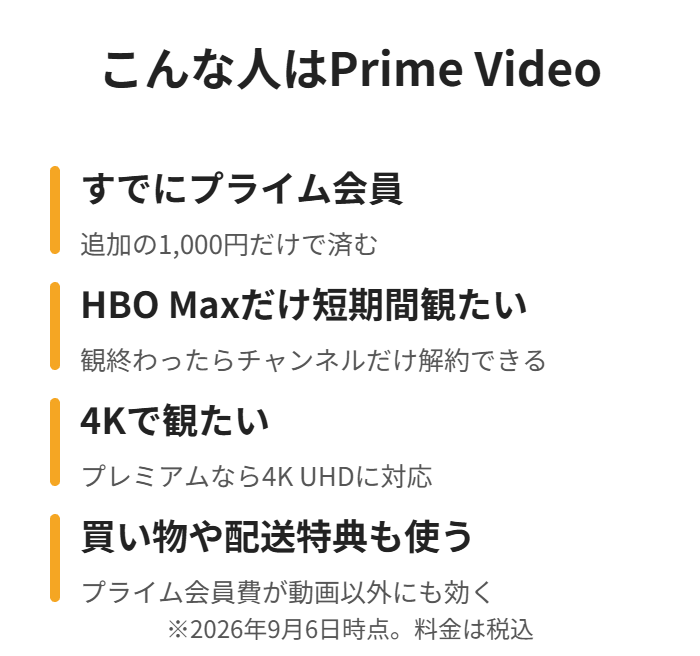 すでにプライム会員・短期間だけ観たい・4Kで観たい人