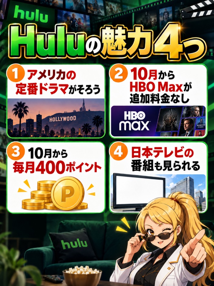 Huluの魅力4つ(アメリカの定番ドラマ・10月からHBO Maxが追加料金なし・10月から毎月400ポイント・日本テレビの番組も見られる)