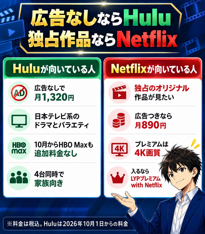 広告なしならHulu、独占作品ならNetflix。Huluが向いている人とNetflixが向いている人をまとめた図
