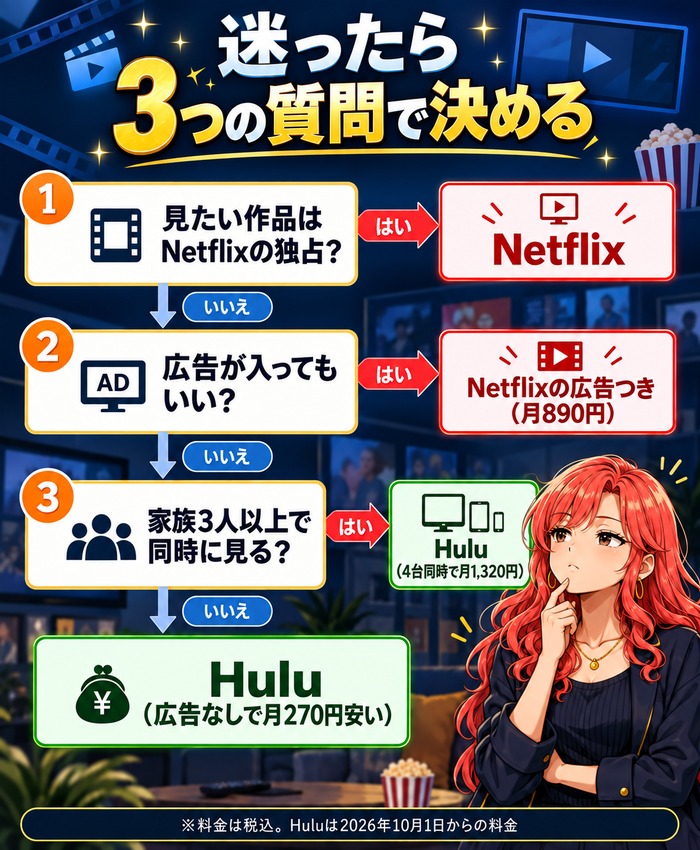 Netflixの独占作品が目当てか、広告が入ってもいいか、家族3人以上で見るかの3つの質問でHuluかNetflixを選ぶフロー図