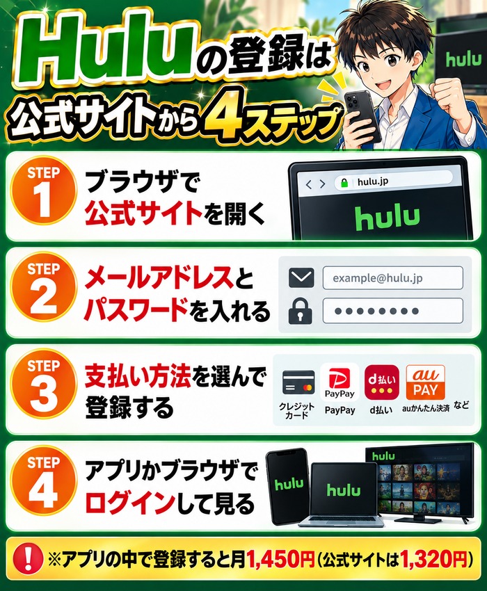 Huluの登録を公式サイトから行う4ステップ。アプリ内で登録すると月1,450円になる注意つきの図