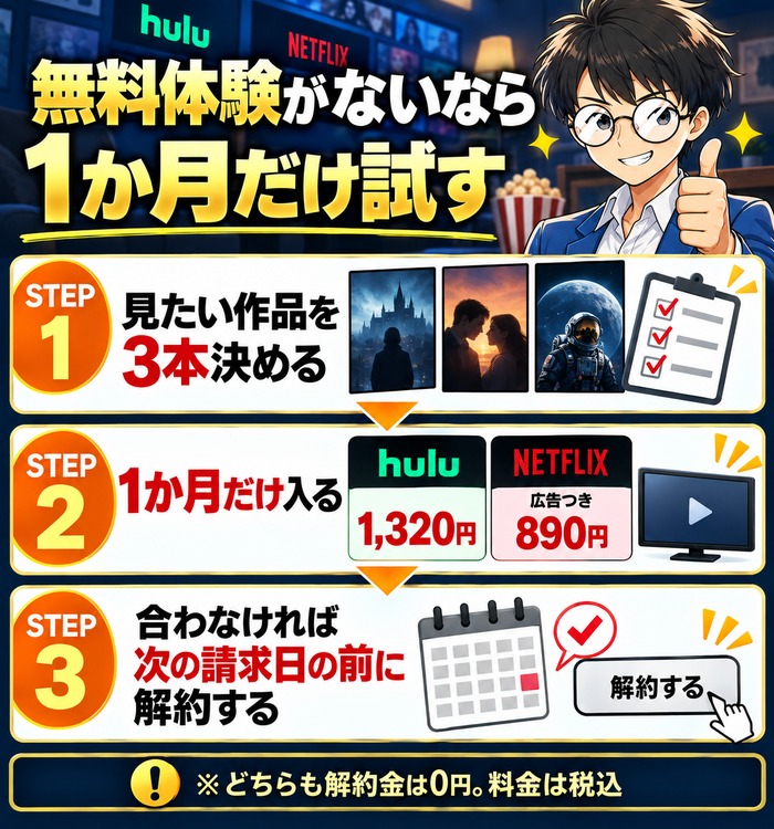 HuluとNetflixは無料体験がないので、見たい作品を決めて1か月だけ入り、合わなければ請求日の前に解約する手順の図