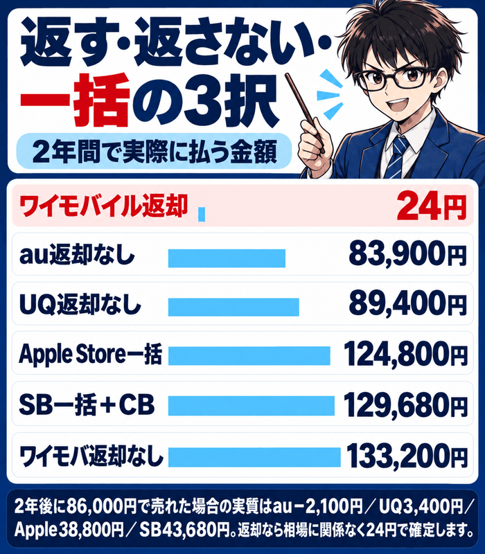 iPhone 17eを2年で返す場合24円、返さない場合はau83,900円やUQ89,400円、一括はApple124,800円やソフトバンク129,680円
