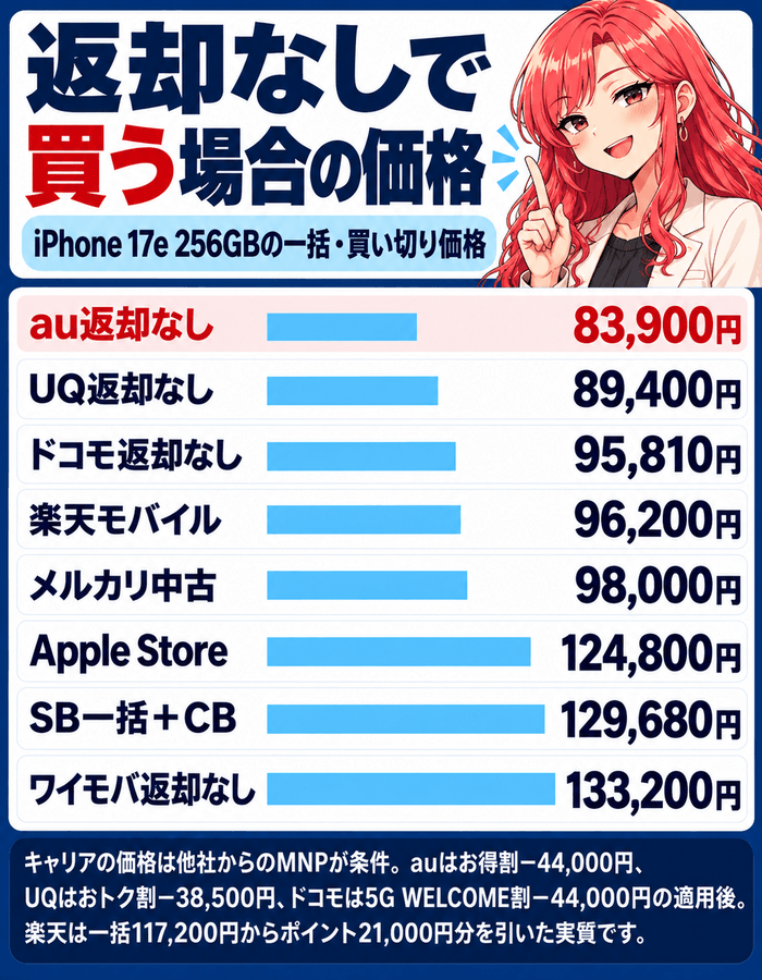 iPhone 17e 256GBを返却なしで買う場合の価格。au83,900円、UQモバイル89,400円、ドコモ95,810円、Apple Store124,800円、ソフトバンク129,680円