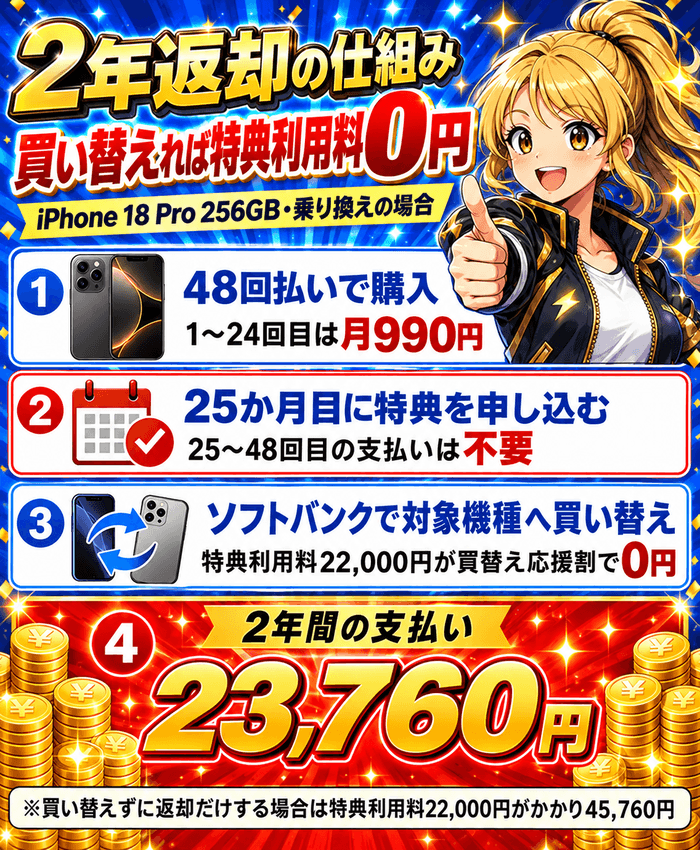 iPhone 18 Proの2年返却の仕組み。48回払いで購入し1〜24回目は月990円、25か月目に特典を申し込みソフトバンクで買い替えると特典利用料22,000円が0円になり、2年間の支払いは23,760円