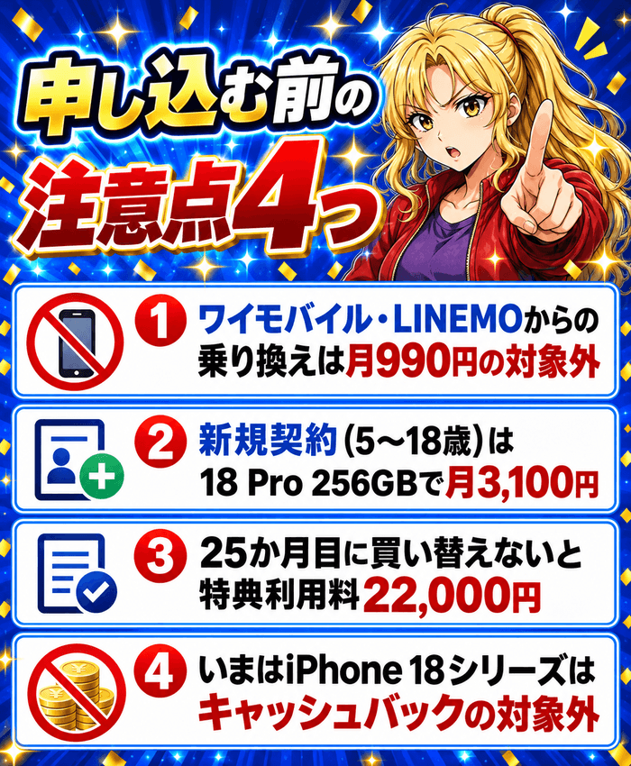iPhone 18 Proを申し込む前の注意点4つ。ワイモバイル・LINEMOからの乗り換えは月990円の対象外、新規契約は月3,100円、25か月目に買い替えないと特典利用料22,000円、いまはキャッシュバックの対象外