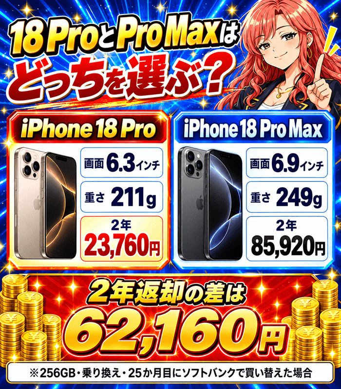iPhone 18 ProとPro Maxの比較。Proは画面6.3インチ・重さ211g・2年23,760円、Pro Maxは画面6.9インチ・重さ249g・2年85,920円で、差は62,160円