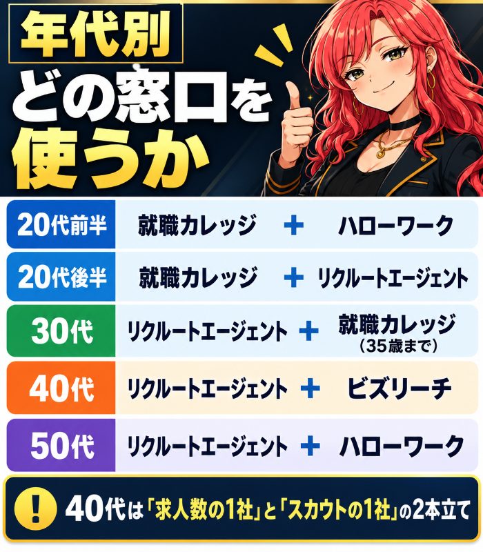 年代別に使う就職転職サービスの早見表｜20代は就職カレッジ、30代は併用、40代はリクルートエージェントとビズリーチ