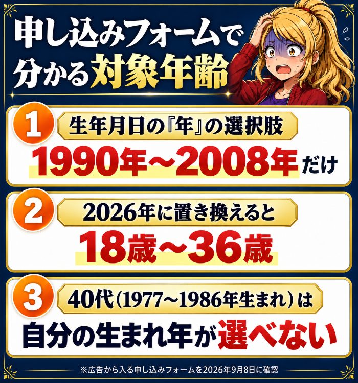 就職カレッジの申し込みフォームは生年月日の年が1990年から2008年までしか選べない｜2026年時点で18歳から36歳