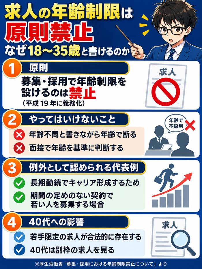 求人の年齢制限は法律で原則禁止だが長期勤続によるキャリア形成のための若年者募集は例外として認められている