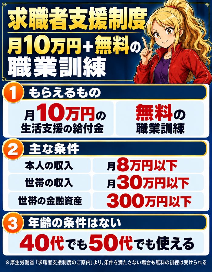 求職者支援制度は月10万円の給付金と無料の職業訓練｜本人収入8万円以下など要件がある