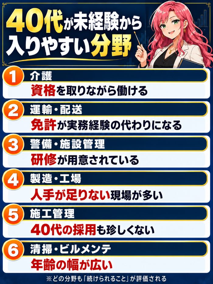 40代が未経験から入りやすい分野｜介護・運輸・警備・製造・施工管理・清掃