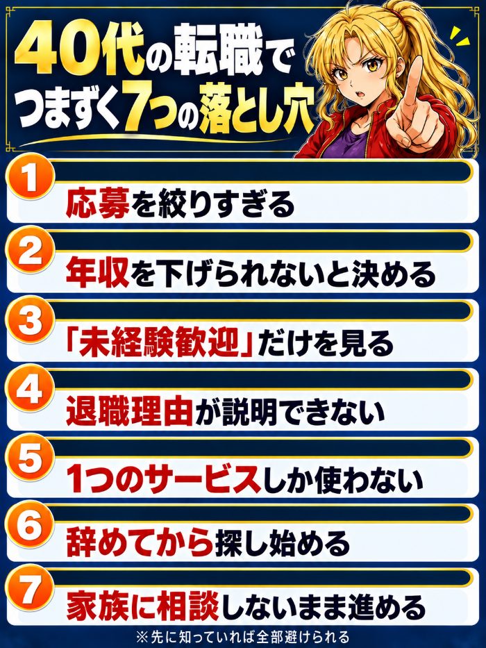 40代の転職でつまずく7つの落とし穴｜応募を絞りすぎる・年収を下げられない・未経験歓迎だけ見る・退職理由が説明できない・1社しか使わない・辞めてから探す・家族に相談しない