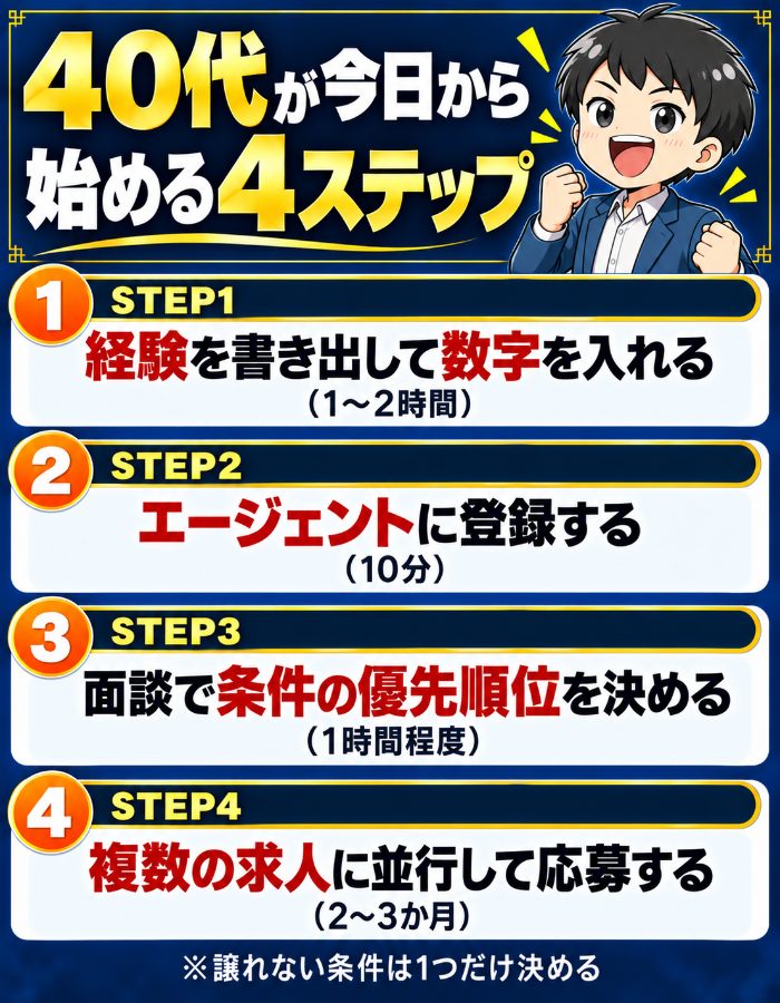 40代の転職を始める4ステップ｜経験の書き出し・エージェント登録・条件の優先順位・応募と面接