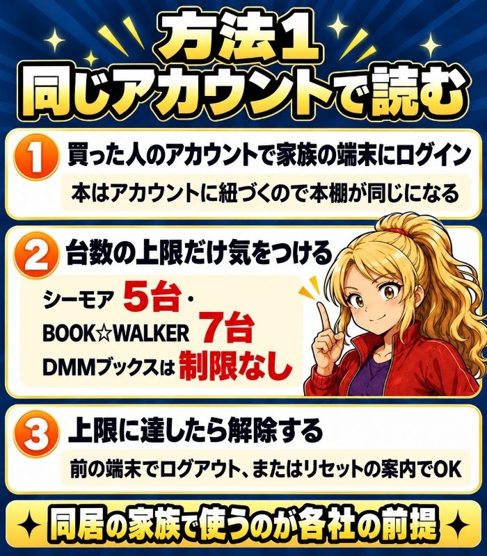 買った人のアカウントで家族の端末にログインする。台数の上限はシーモア5台・BOOK☆WALKER7台・DMMブックスは制限なし。上限に達したら前の端末でログアウトかリセット