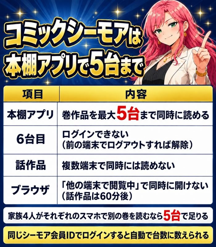 本棚アプリで巻作品を最大5台まで同時に読める。6台目はログインできず前の端末でログアウトすれば解除。話作品とブラウザは同時に開けない