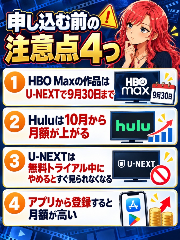申し込む前の注意点4つ(HBO MaxはU-NEXTで9月30日まで・Huluは10月から値上げ・U-NEXTは無料中にやめるとすぐ見られない・アプリ登録は高い)