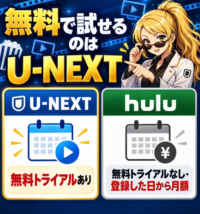 無料で試せるのはU-NEXT(U-NEXTは無料トライアルあり、Huluは無料トライアルなしで登録した日から月額)