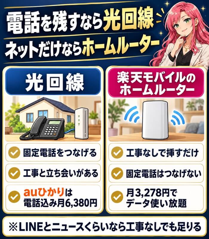 電話を残すなら光回線、ネットだけならホームルーター(光回線は固定電話をつなげる・楽天モバイルのホームルーターは工事なしで月3,278円)